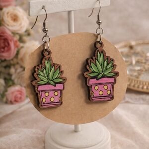 Hand-Painted Pink and Green Plant Pot Earrings